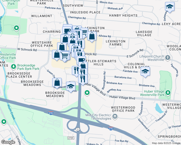 map of restaurants, bars, coffee shops, grocery stores, and more near 56 Dorchester Square in Westerville