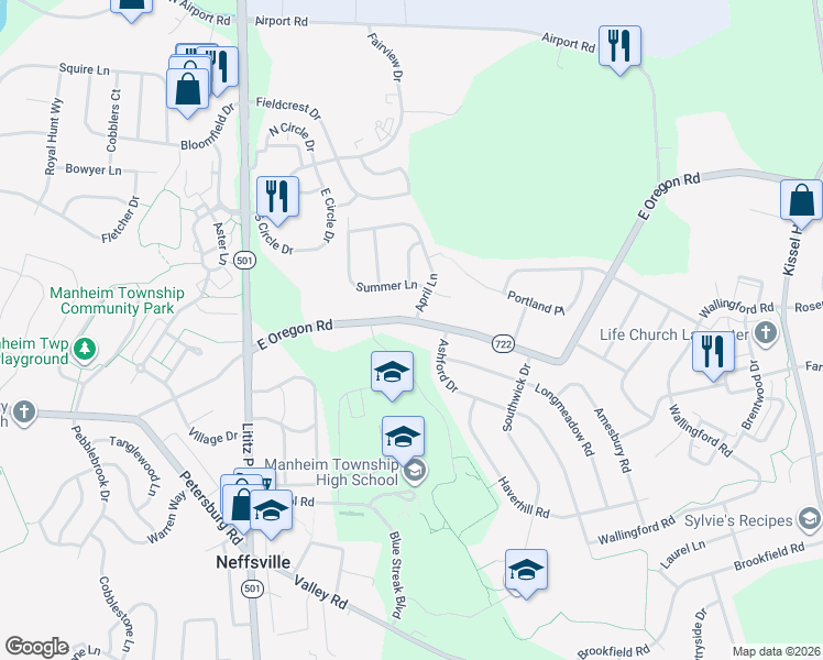 map of restaurants, bars, coffee shops, grocery stores, and more near 278 East Oregon Road in Lititz