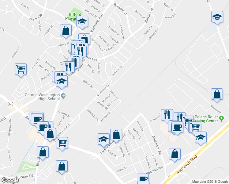 map of restaurants, bars, coffee shops, grocery stores, and more near 1111 Foster Street in Philadelphia