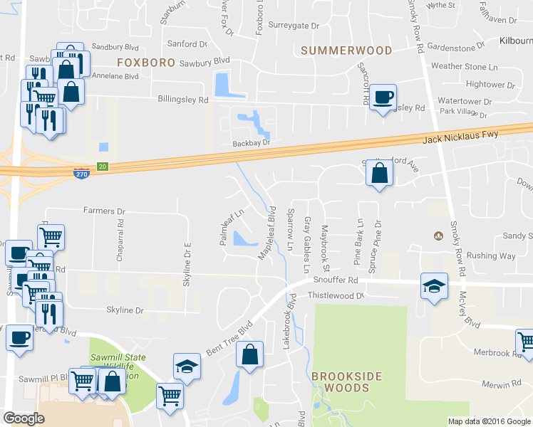 map of restaurants, bars, coffee shops, grocery stores, and more near 2244 Starleaf Lane in Columbus