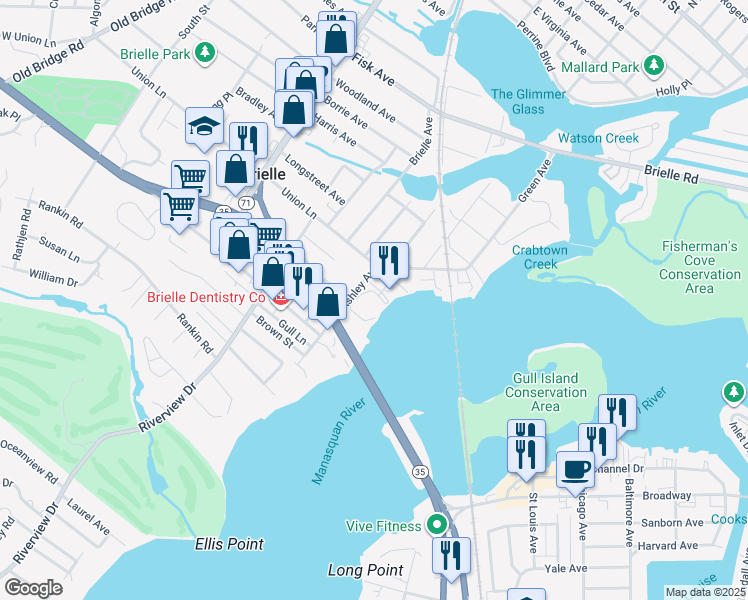 map of restaurants, bars, coffee shops, grocery stores, and more near 311 Ashley Avenue in Brielle