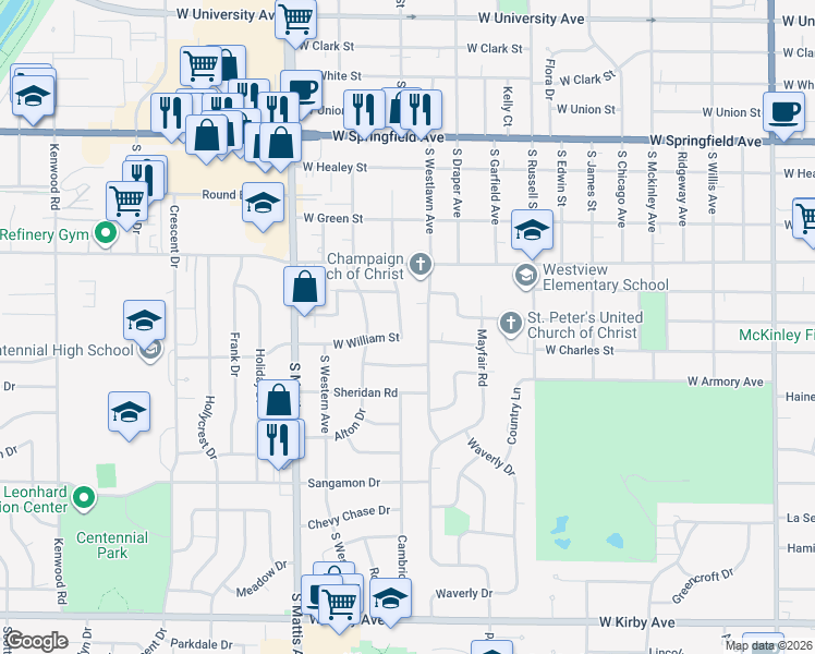 map of restaurants, bars, coffee shops, grocery stores, and more near 810 South Fair Street in Champaign
