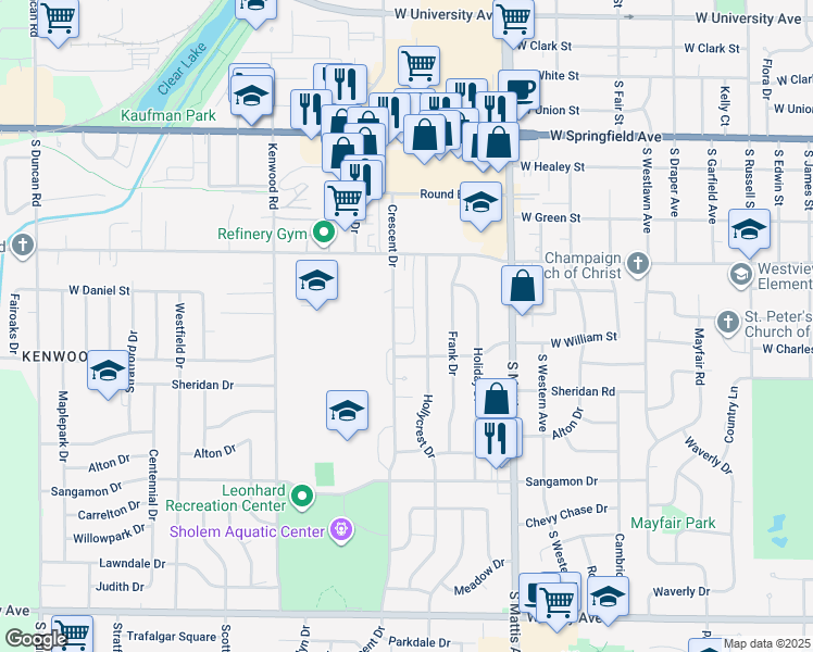 map of restaurants, bars, coffee shops, grocery stores, and more near 910 Crescent Drive in Champaign