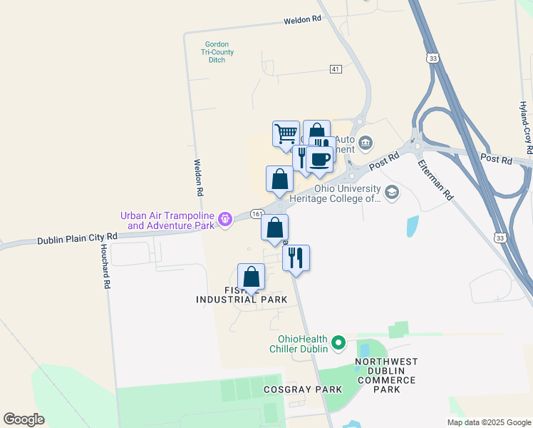map of restaurants, bars, coffee shops, grocery stores, and more near 7455 Cosgray Road in Dublin