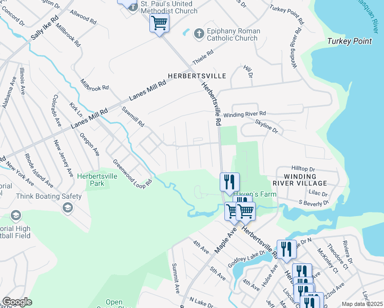 map of restaurants, bars, coffee shops, grocery stores, and more near 230B Sawmill Road in Brick Township