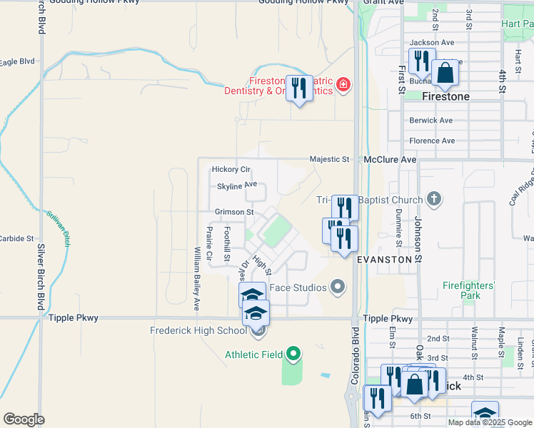 map of restaurants, bars, coffee shops, grocery stores, and more near 7393 Russell Circle in Longmont