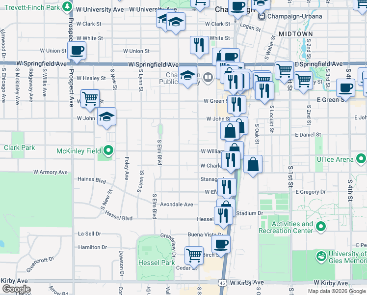 map of restaurants, bars, coffee shops, grocery stores, and more near 310 1/2 West William Street in Champaign