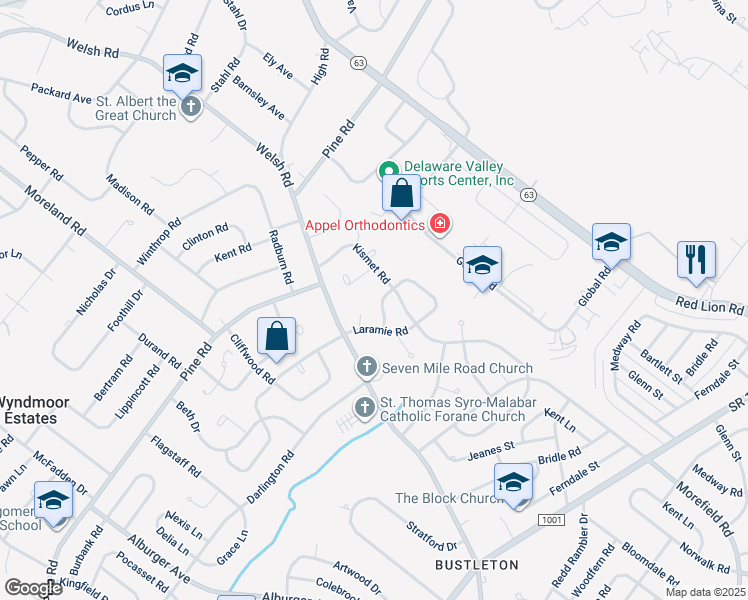 map of restaurants, bars, coffee shops, grocery stores, and more near 588 Remsen Road in Philadelphia
