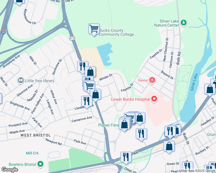 map of restaurants, bars, coffee shops, grocery stores, and more near 610 Winder Drive in Bristol