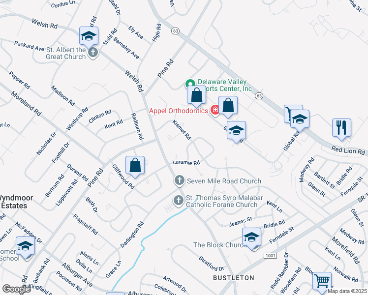 map of restaurants, bars, coffee shops, grocery stores, and more near 588 Remsen Road in Philadelphia