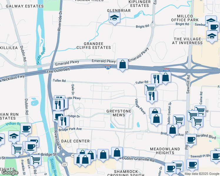 map of restaurants, bars, coffee shops, grocery stores, and more near 6906 Deardorff Street in Dublin