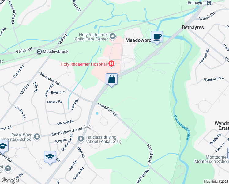 map of restaurants, bars, coffee shops, grocery stores, and more near 1551 Huntingdon Pike in Huntingdon Valley