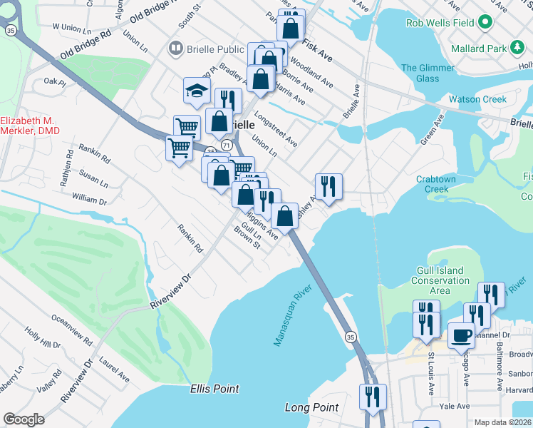 map of restaurants, bars, coffee shops, grocery stores, and more near 417 Euclid Avenue in Brielle