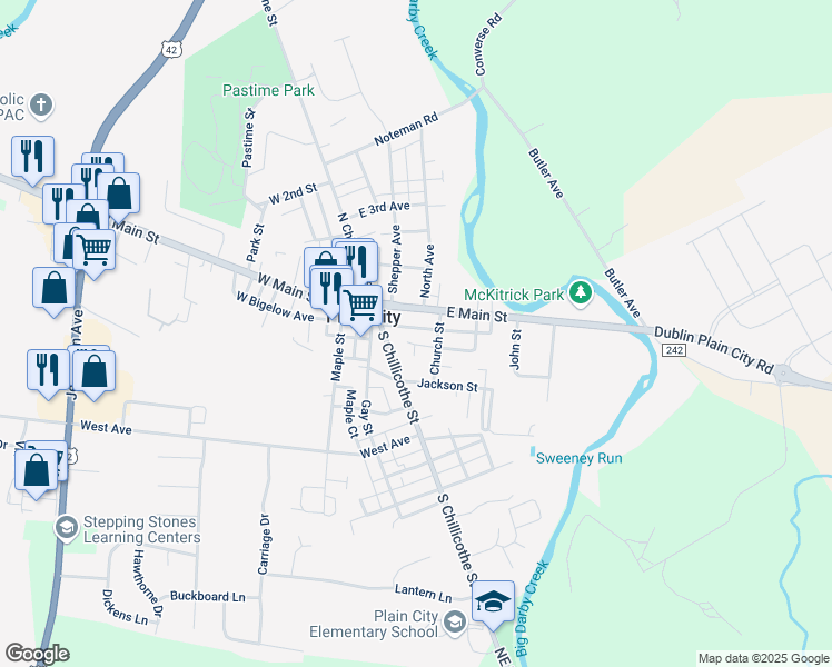map of restaurants, bars, coffee shops, grocery stores, and more near 134 Church Street in Plain City