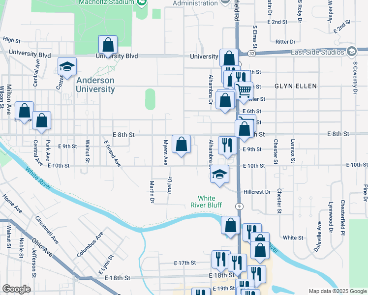 map of restaurants, bars, coffee shops, grocery stores, and more near 814 Nursery Road in Anderson