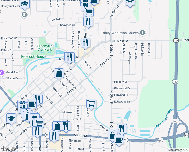 map of restaurants, bars, coffee shops, grocery stores, and more near 121 Terrace Creek Drive in Greenville