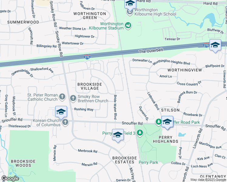 map of restaurants, bars, coffee shops, grocery stores, and more near 7295 Bride Water Boulevard in Columbus