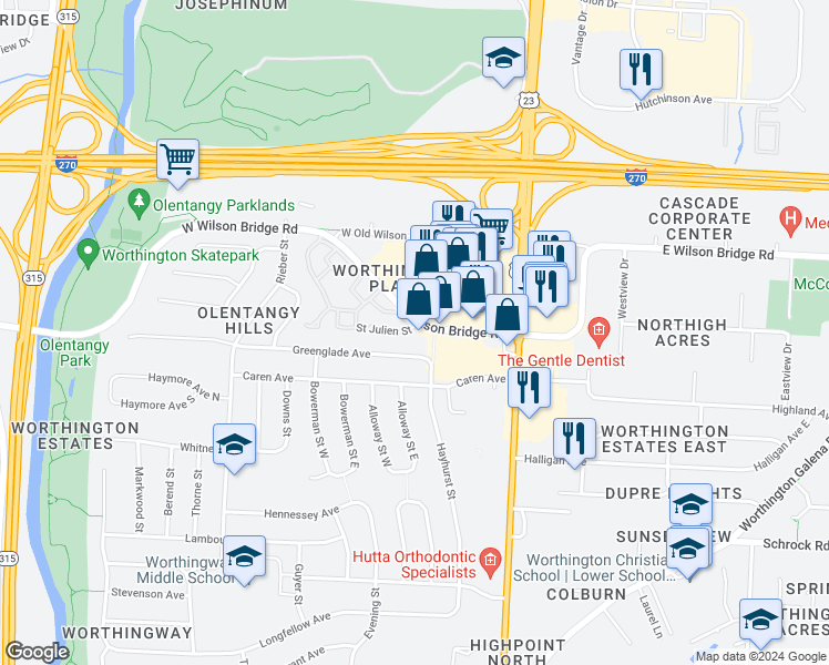 map of restaurants, bars, coffee shops, grocery stores, and more near 103 Saint Julien Street in Worthington