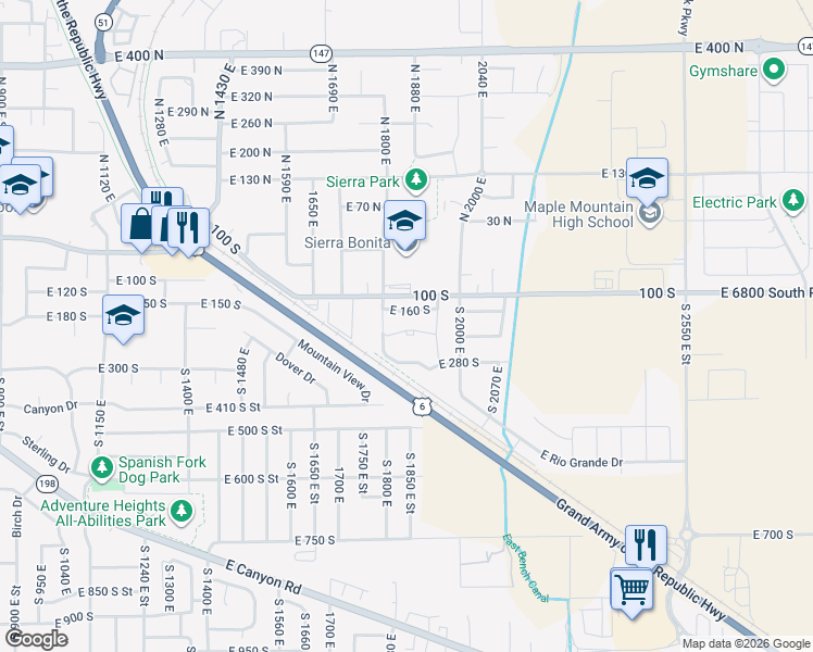 map of restaurants, bars, coffee shops, grocery stores, and more near 1889 East 230 South in Spanish Fork