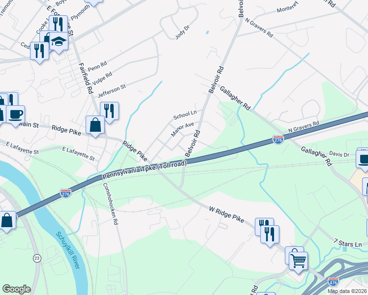 map of restaurants, bars, coffee shops, grocery stores, and more near 1124 Belvoir Road in Plymouth Meeting