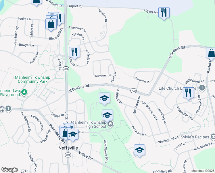 map of restaurants, bars, coffee shops, grocery stores, and more near 278 East Oregon Road in Lititz
