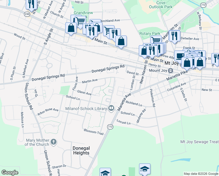 map of restaurants, bars, coffee shops, grocery stores, and more near 8 Harvestview South in Mount Joy