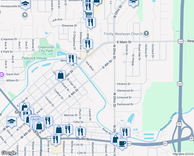 map of restaurants, bars, coffee shops, grocery stores, and more near 121 Terrace Creek Drive in Greenville