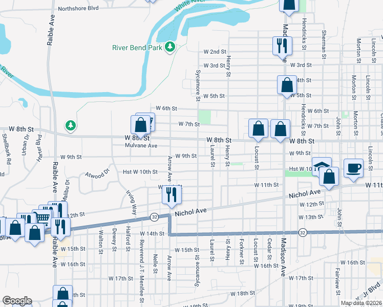 map of restaurants, bars, coffee shops, grocery stores, and more near 829 Sycamore Street in Anderson