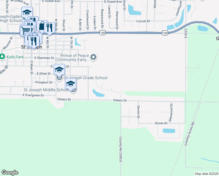 map of restaurants, bars, coffee shops, grocery stores, and more near 1002 Reagan Drive in Saint Joseph