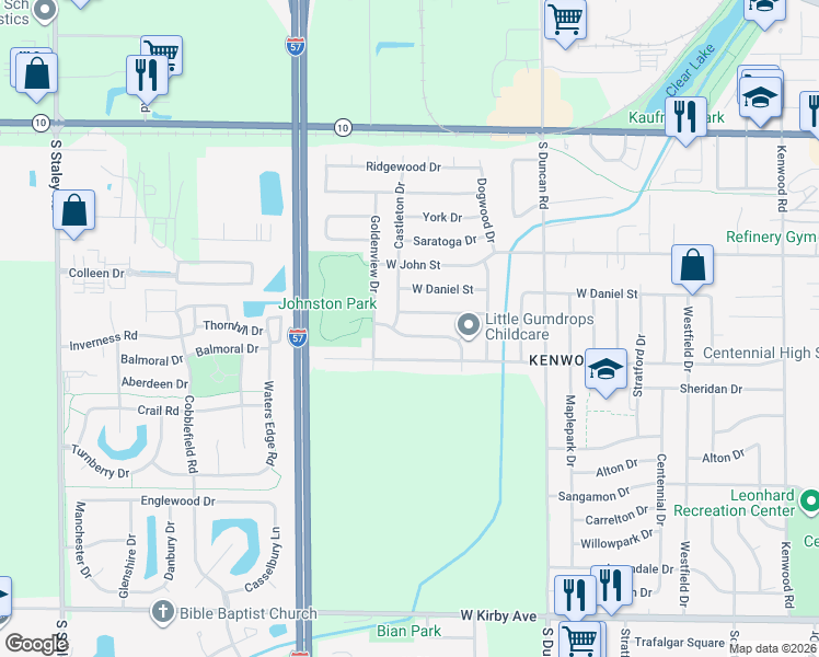 map of restaurants, bars, coffee shops, grocery stores, and more near 3304 Brentwood Drive in Champaign