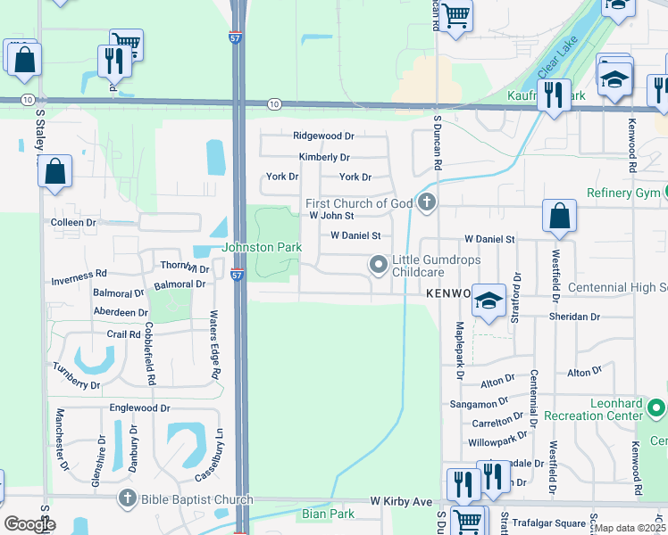 map of restaurants, bars, coffee shops, grocery stores, and more near 3304 Brentwood Drive in Champaign