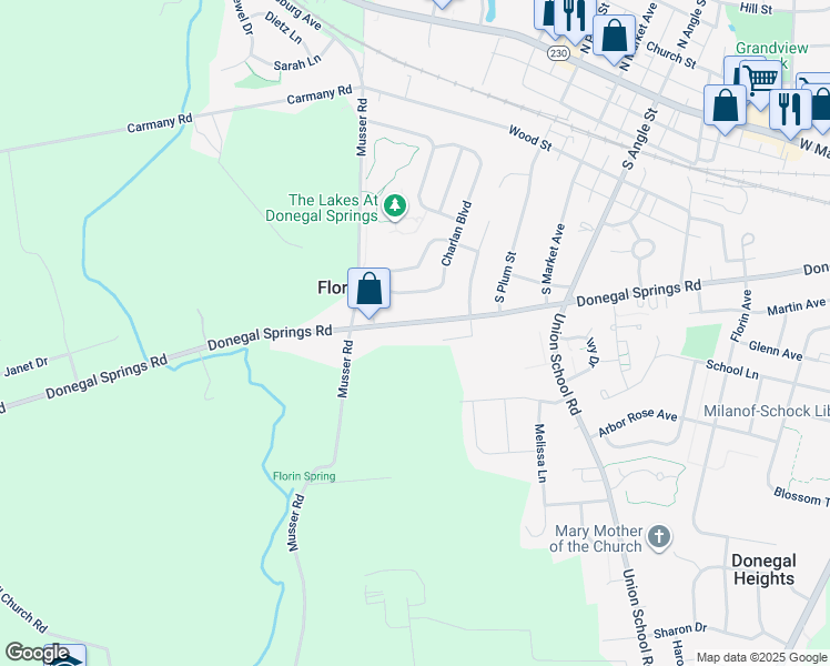map of restaurants, bars, coffee shops, grocery stores, and more near 1058 Donegal Springs Road in Mount Joy