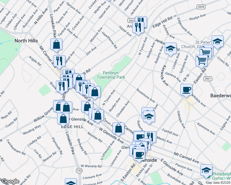 map of restaurants, bars, coffee shops, grocery stores, and more near 161 North Tyson Avenue in Glenside