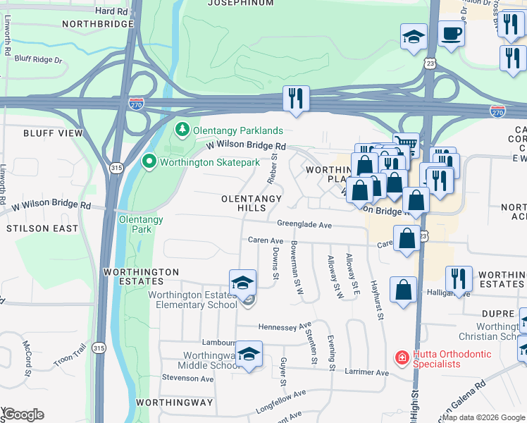 map of restaurants, bars, coffee shops, grocery stores, and more near 6967 Wethersfield Place in Worthington
