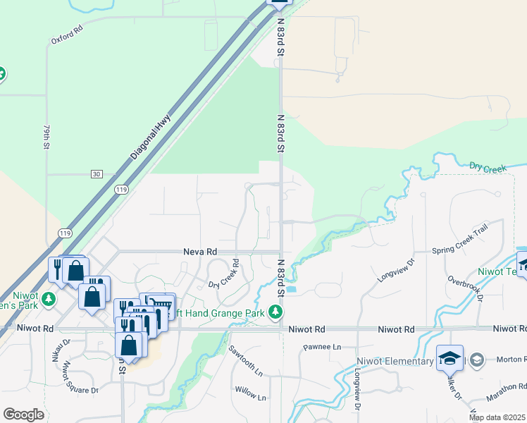 map of restaurants, bars, coffee shops, grocery stores, and more near 7281 Timothy Place in Niwot