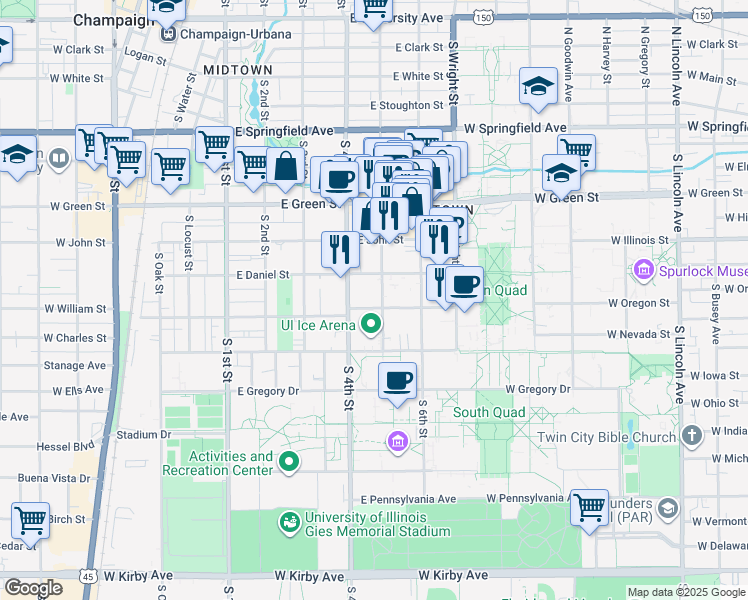 map of restaurants, bars, coffee shops, grocery stores, and more near 909 South 5th Street in Champaign