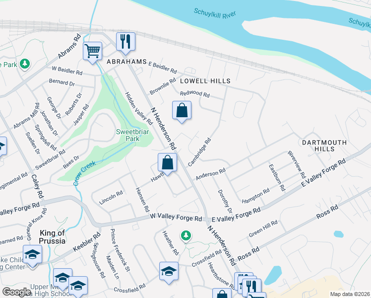 map of restaurants, bars, coffee shops, grocery stores, and more near 555 Dartmouth Drive in King of Prussia
