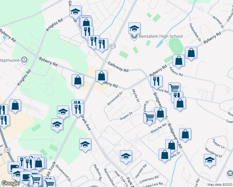 map of restaurants, bars, coffee shops, grocery stores, and more near 1005 Justin Circle in Bensalem