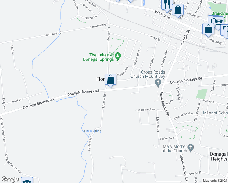 map of restaurants, bars, coffee shops, grocery stores, and more near 1080 Donegal Springs Road in Mount Joy