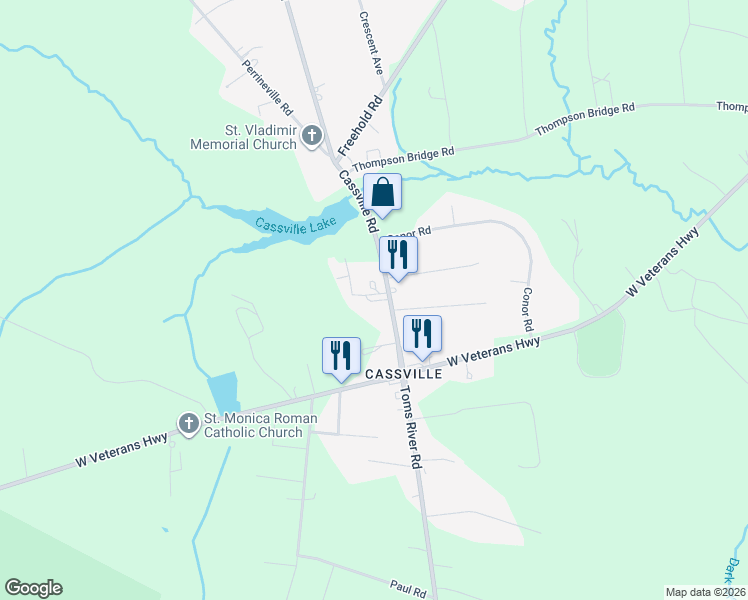 map of restaurants, bars, coffee shops, grocery stores, and more near 36 Cassville Road in Jackson Township