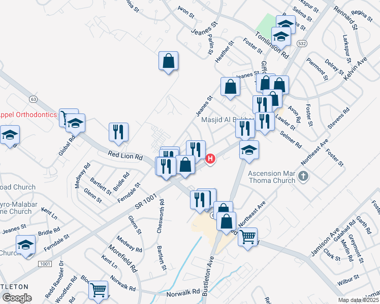map of restaurants, bars, coffee shops, grocery stores, and more near 10048 Ferndale Street in Philadelphia