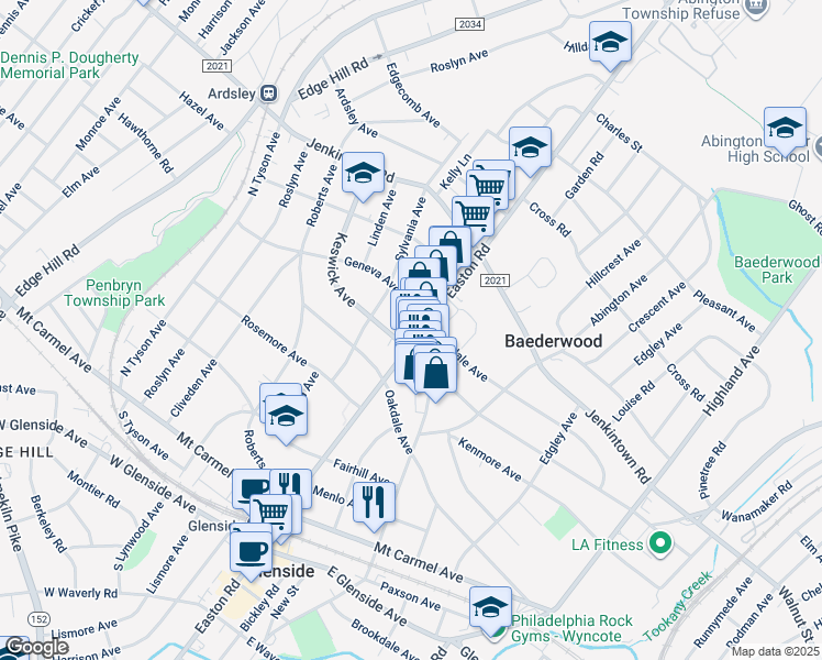 map of restaurants, bars, coffee shops, grocery stores, and more near 367 North Easton Road in Glenside