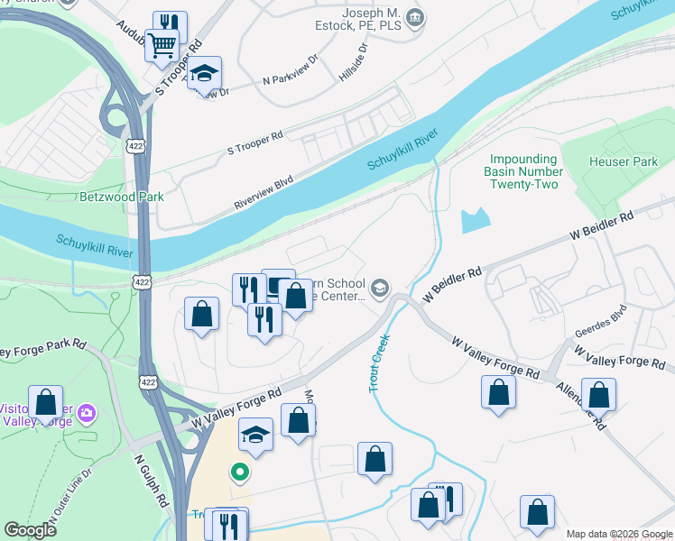 map of restaurants, bars, coffee shops, grocery stores, and more near 4000 Valley Forge Circle in King of Prussia