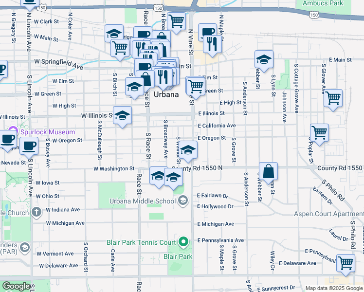 map of restaurants, bars, coffee shops, grocery stores, and more near 708 South Walnut Street in Urbana