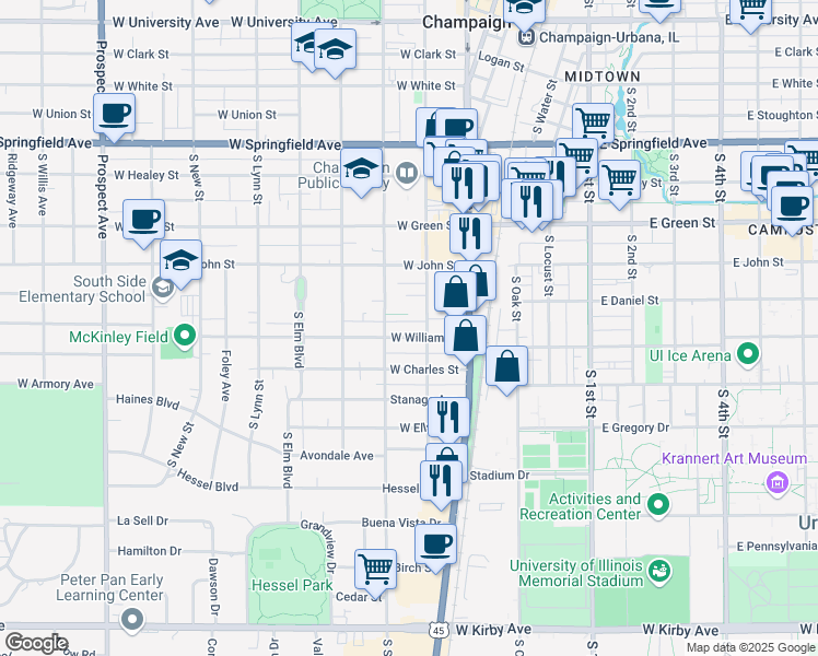 map of restaurants, bars, coffee shops, grocery stores, and more near 728 South State Street in Champaign