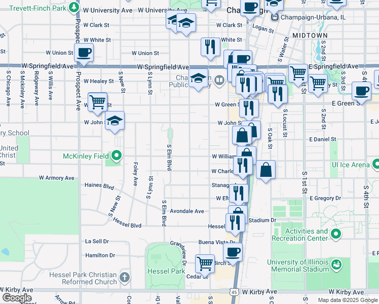 map of restaurants, bars, coffee shops, grocery stores, and more near 310 1/2 West William Street in Champaign