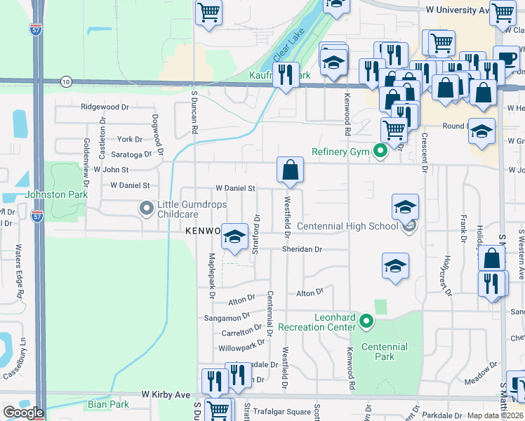 map of restaurants, bars, coffee shops, grocery stores, and more near 810 Stratford Drive in Champaign