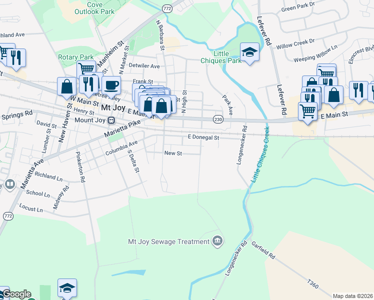 map of restaurants, bars, coffee shops, grocery stores, and more near 30 South Jacob Street in Mount Joy