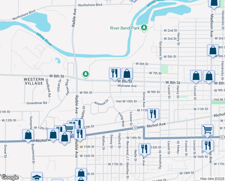 map of restaurants, bars, coffee shops, grocery stores, and more near 1924 Hst W 9th Street in Anderson