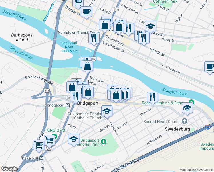 map of restaurants, bars, coffee shops, grocery stores, and more near 20 West Front Street in Bridgeport